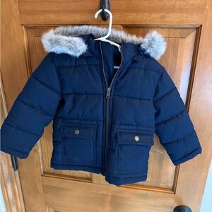 Janie & Jack - 2T - Herringbone Navy Puffer Jacket with Removable Hood